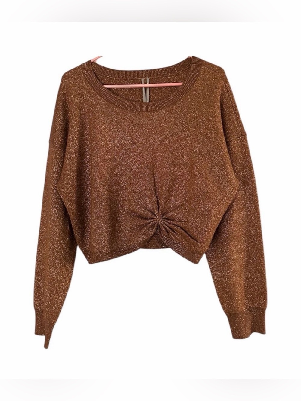 Anthropologie Gemini Brown Metallic Sweater Women's L Cropped Twist Front NEW